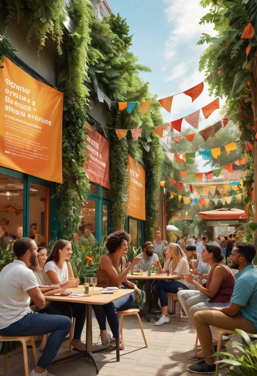 An intricate illustration of a diverse group of people sharing ideas and experiences, centered around a vibrant community hub filled with greenery and local art. In the background, colorful banners display the words 'Insights' and 'Resources'. Realistic facial expressions convey enthusiasm and collaboration among participants. Warm, inviting colors create a sense of belonging and community spirit. super-realistic. vibrant colors. 3D.