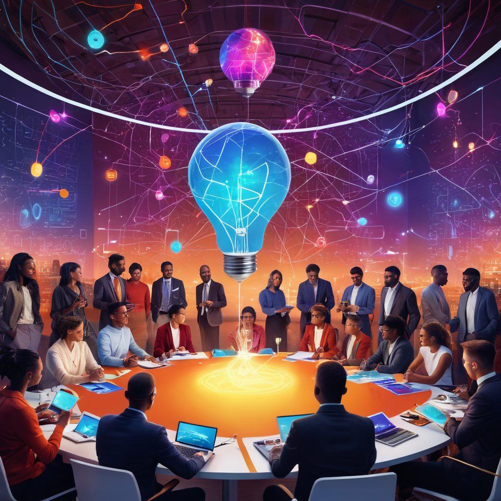 A vibrant collage representing the Malhigh community, featuring diverse individuals engaged in collaboration, exchanging ideas, and celebrating innovation. Include symbolic elements like light bulbs, charts, and tech gadgets to signify trends and insights. The background should embody a dynamic atmosphere with glowing connections and abstract shapes. super-realistic. vibrant colors. 3D.